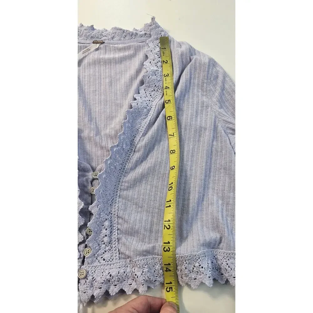 Free people XS fairycore lavander tie waist crop top lace accent long sleeve EUC